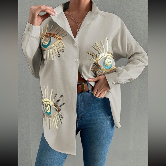 Accessories - Boho beige blue eye embroidered button down long sleeve shirt